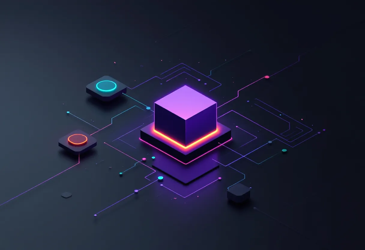 Dark isometric illustration of a glowing purple cube node connected by thin lines to a dim teal ring node and a dim amber ring node, with a fourth unlit gray node nearby, on a dark charcoal circuit-line background.