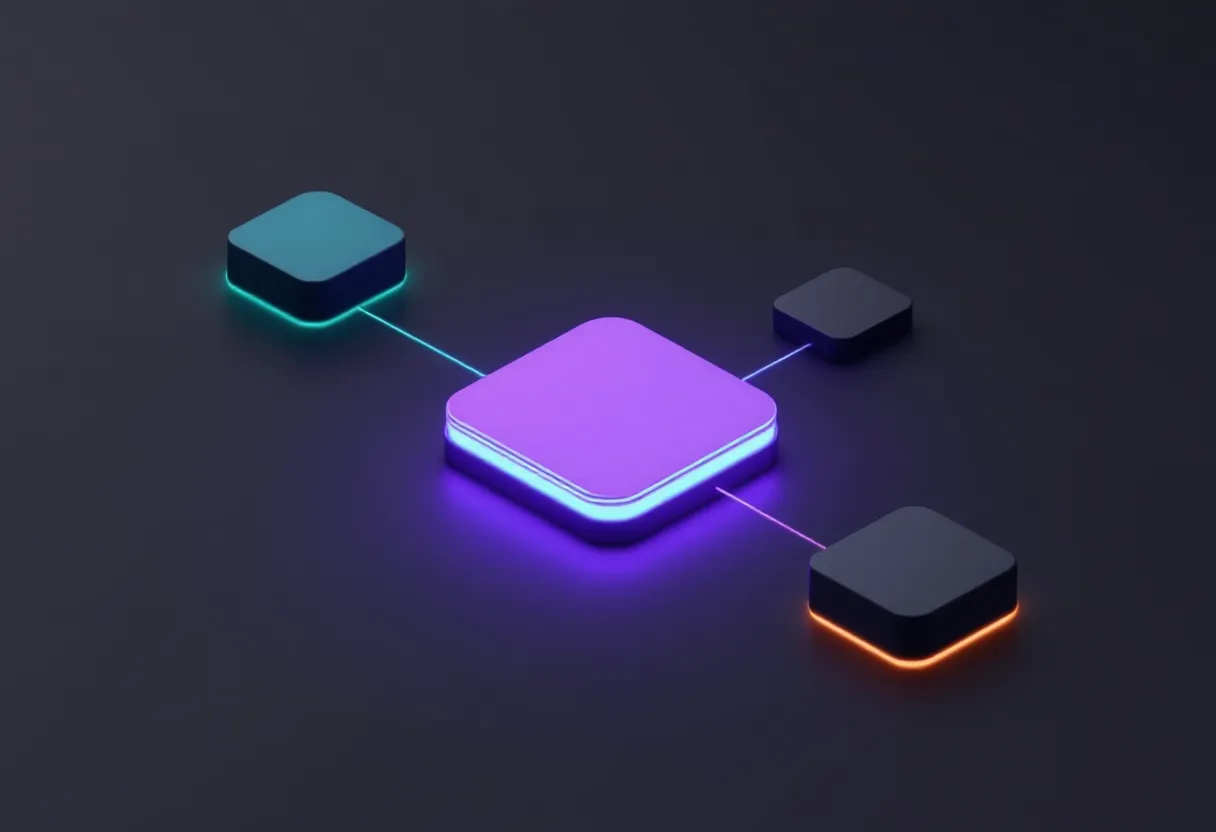 Dark isometric illustration of a purple AI scoring node linked to a glowing teal data node and a glowing amber action node, with a fourth node left dark and disconnected.
