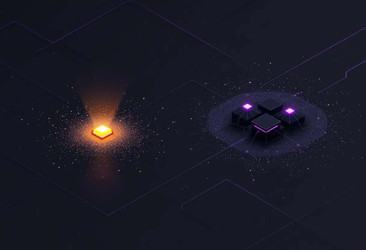 Dark isometric illustration of one isolated glowing amber node surrounded by scattered dust particles on the left, apart from a small tight cluster of a purple node, a teal node and a dim unlit node on the right.